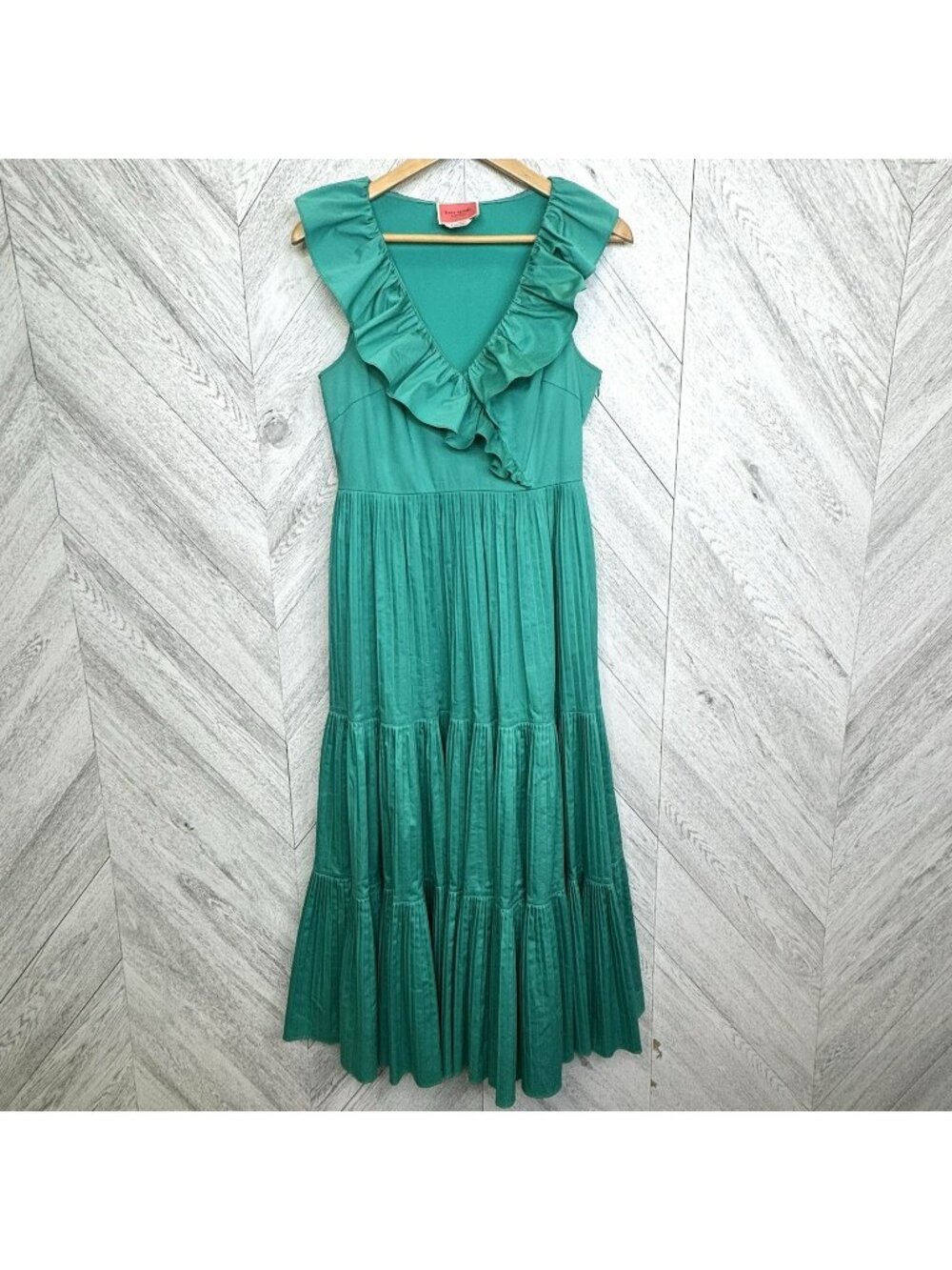 Kate Spade Poplin Ruffle Tiered Fit & Flare Midi Dress V-Neck Green Women Size 6